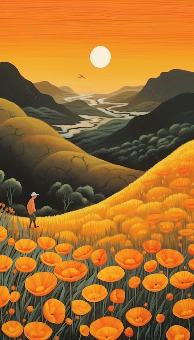 游览落日花海风景唯美插图背景,插画/手绘图,插画/手绘图库,插画/手绘图下载,插画/手绘